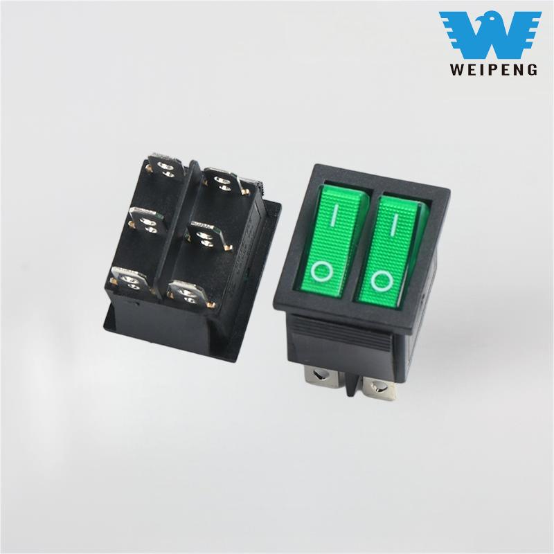 Interruptor basculante bipolar de 2 posiciones y 6 pines KCD4 con luz verde