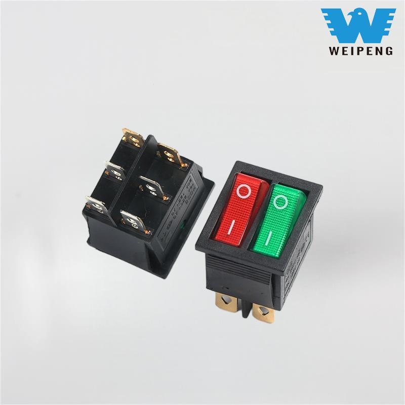 Kcd4 Interruptor basculante doble en forma de barco Dpdt de 6 pines con luces rojas y verdes