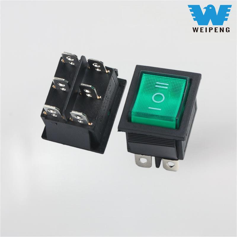 Interruptor basculante KCD4 con luz verde, 3 posiciones, 6 pines, 16 A